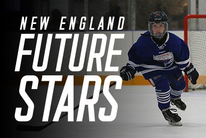 New England Future Stars logo type overlayed on photo of past player skating