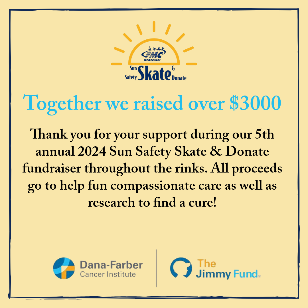 Sun Safety Skate and Donate event. Together, over $3,000 was raised. Thank you for your support across the rinks. All proceeds fund compassionate care and research to find a cure. Dana-Farber Cancer Institute and The Jimmy Fund.