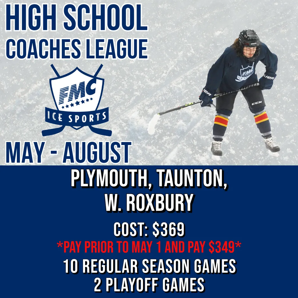 Flyer for the 2025 High School Coaches League. Locations include Plymouth, Taunton, and West Roxbury, running from May through August. $369 per player for 10 regular season games and 2 playoff games.