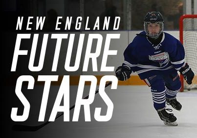 New England Future Stars logo type overlayed on photo of past player skating
